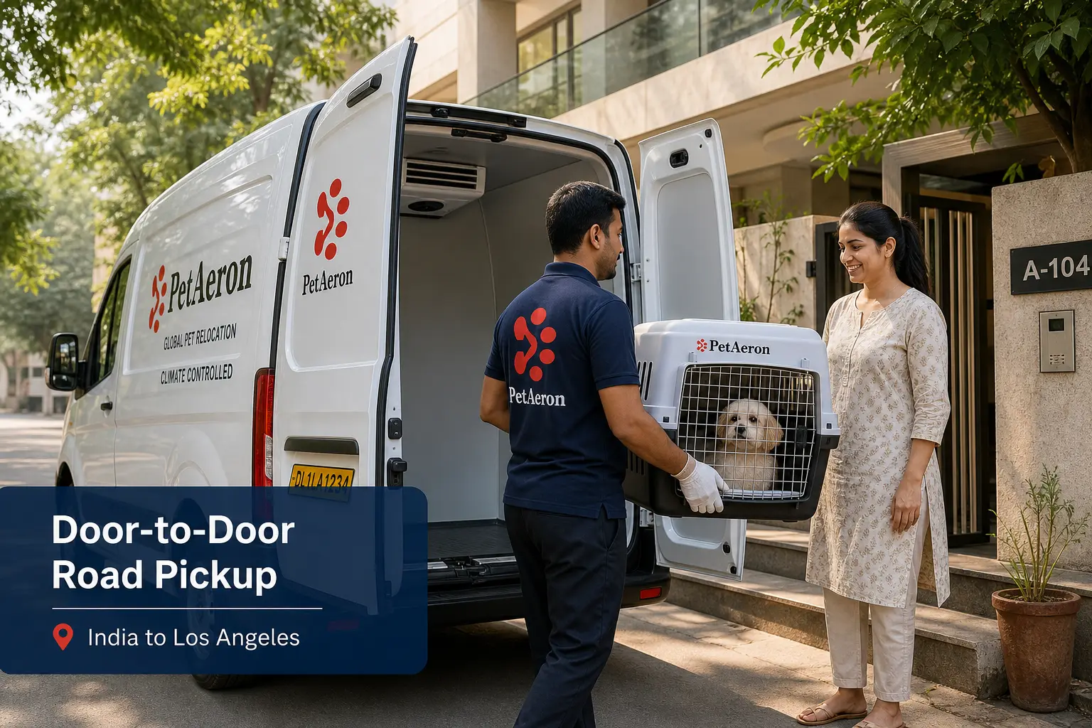 PetAeron climate-controlled van door-to-door pet pickup from Indian home before Los Angeles flight