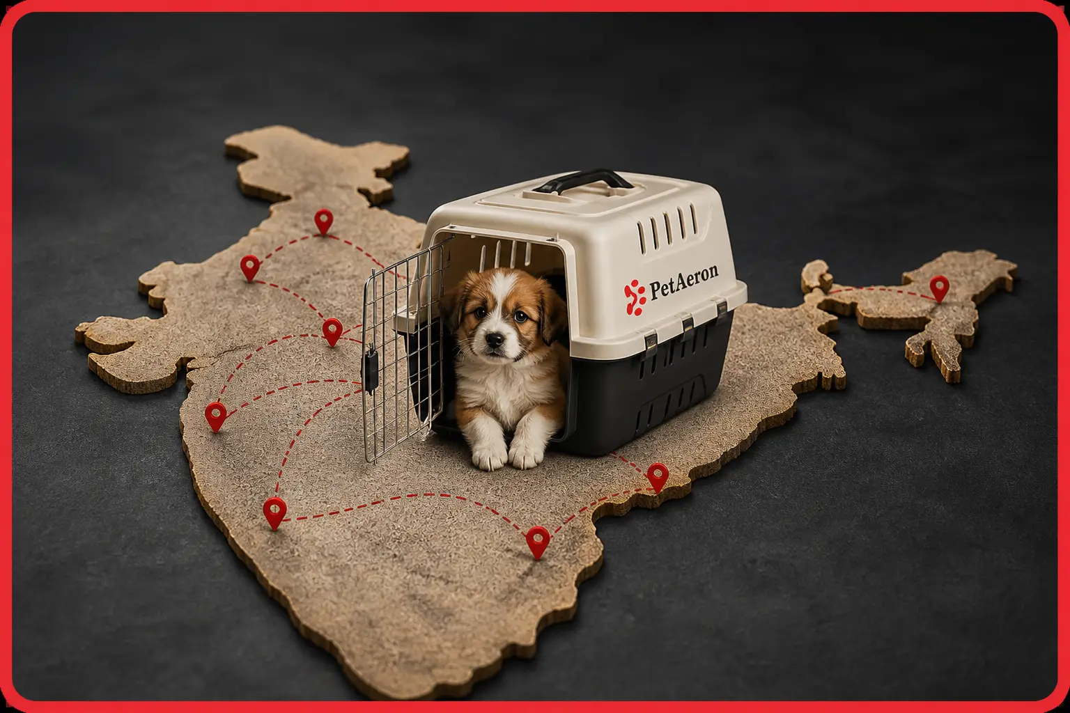 International pet relocation from India to Miami, puppy in PetAeron IATA crate on India route map