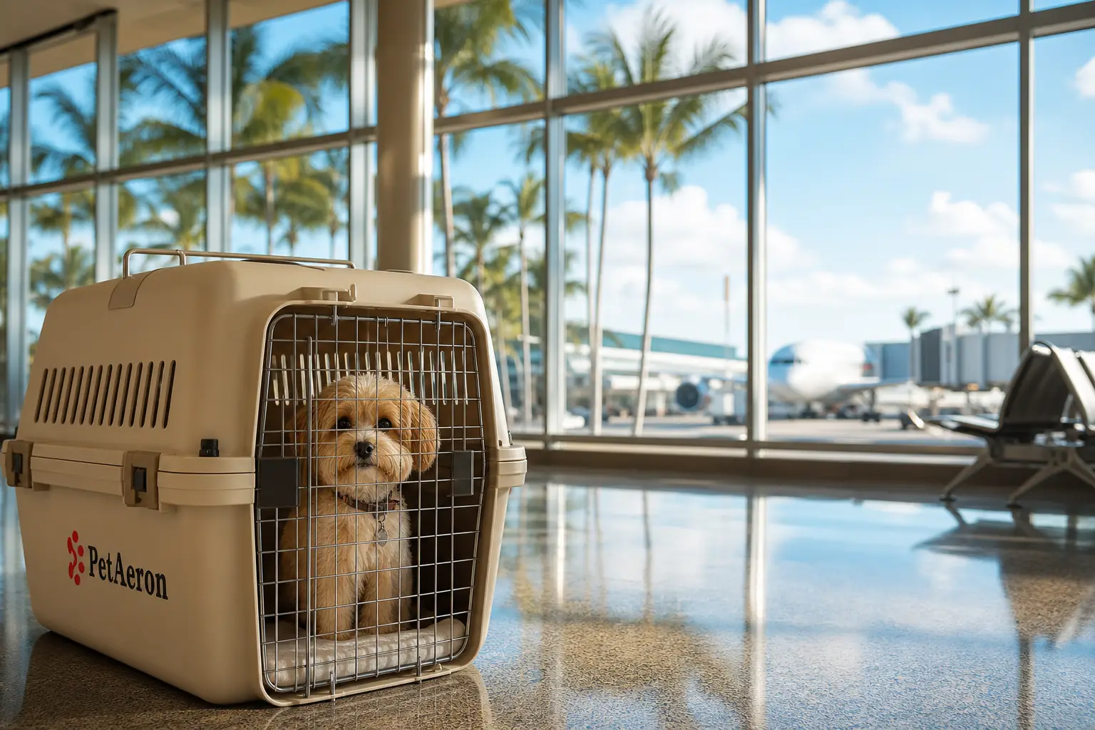 Pet relocation from India to Miami, small dog in PetAeron IATA crate at MIA with Florida sunshine