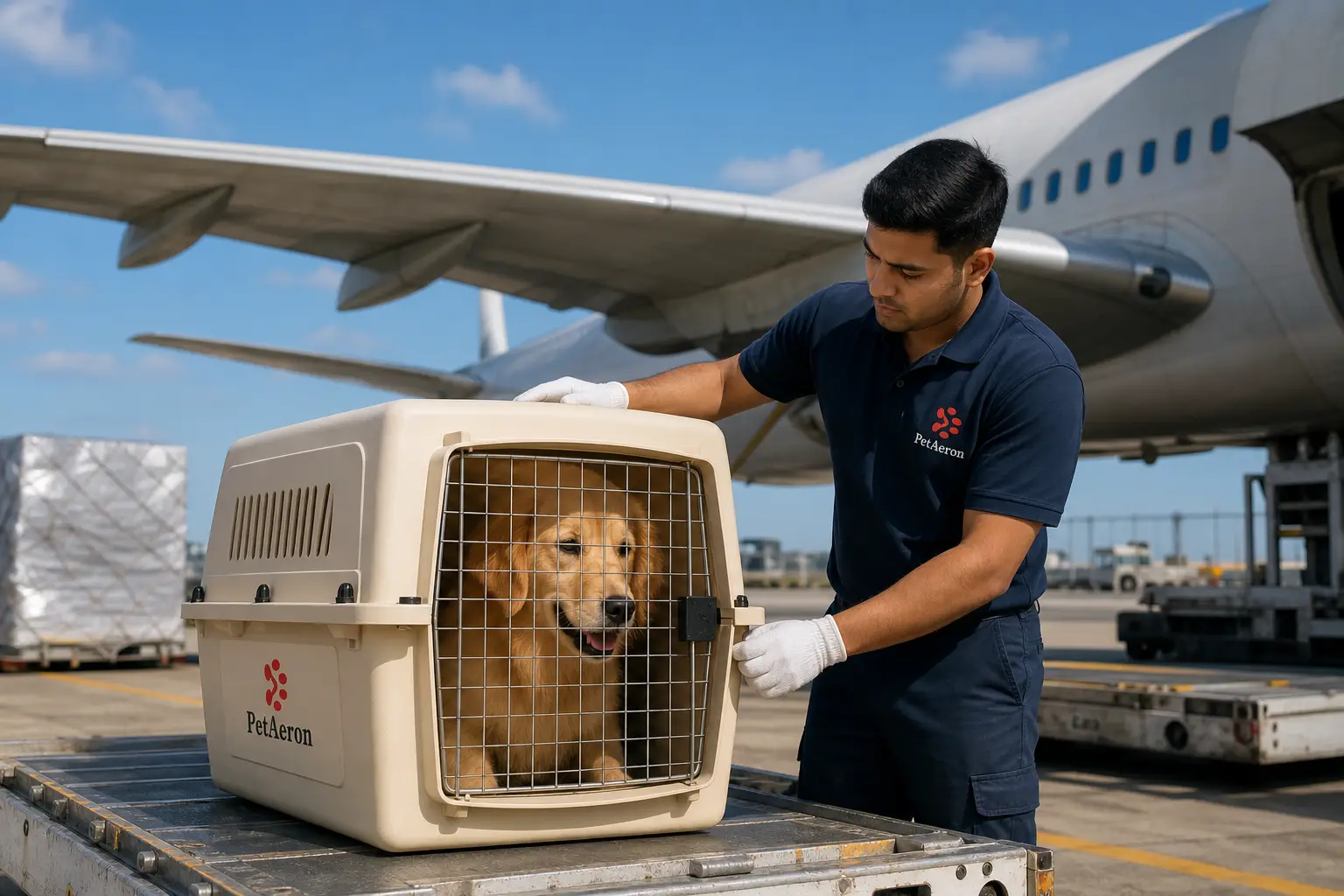 PetAeron staff loading IATA crate for international air cargo flight from India to Miami MIA