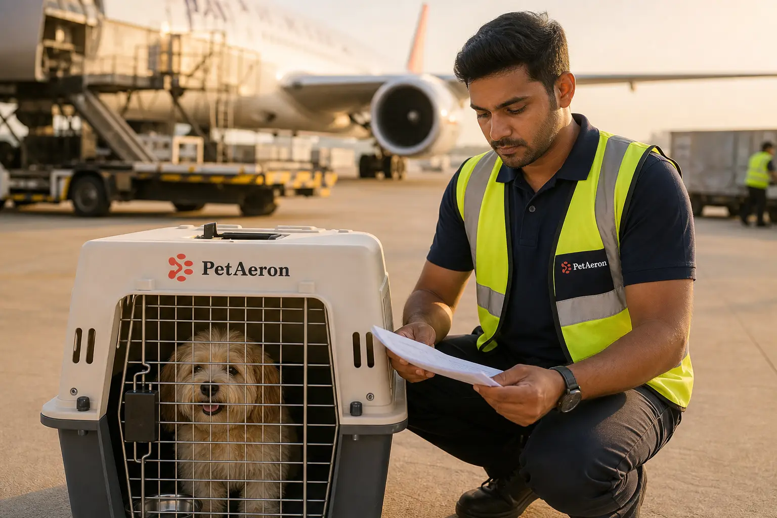 International pet relocation from India to New Jersey, PetAeron specialist with IATA crate at airport
