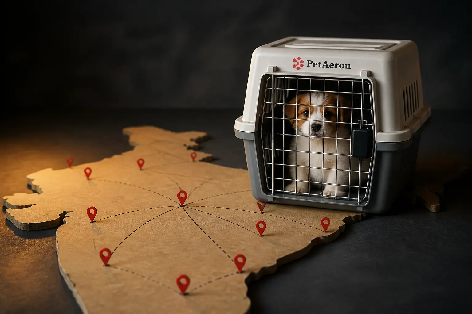 International pet relocation from India to San Francisco, puppy in PetAeron IATA crate on India route map