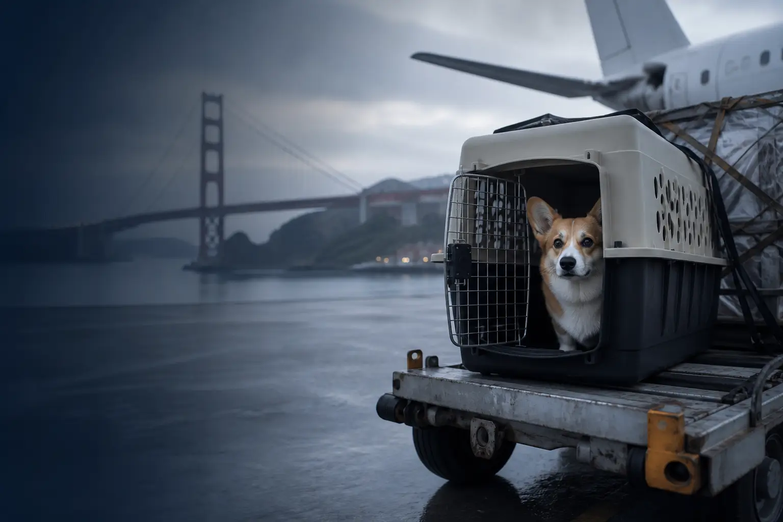 Pet relocation from India to San Francisco, Corgi in airline crate with Golden Gate Bridge fog