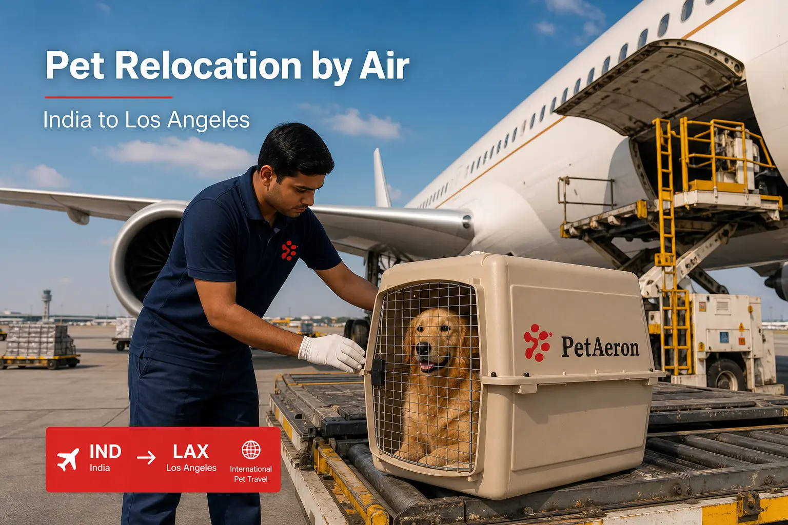 PetAeron staff loading IATA crate for international air cargo flight from India to San Francisco SFO