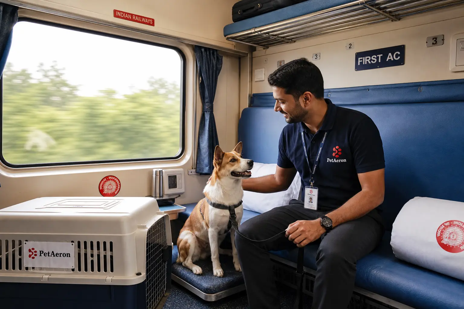 Pet and IATA crate on Indian Railways First AC train transfer to departure hub for San Francisco flight