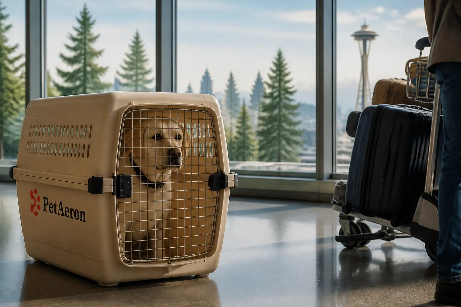 Pet relocation from India to Seattle, dog in PetAeron IATA crate at SEA airport with Pacific Northwest skyline