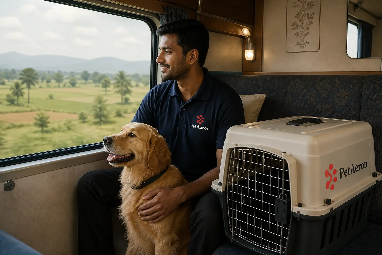 Pet and IATA crate on Indian Railways First AC train transfer to departure hub for Seattle flight
