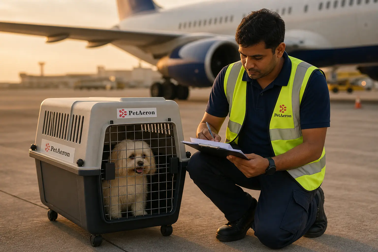 PetAeron specialist reviewing USDA paperwork with golden retriever in branded IATA crate for pet relocation from India to USA