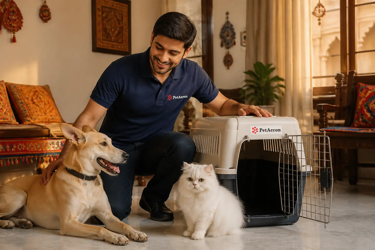 Stress-free pet transport and pet relocation in Ahmedabad with PetAeron specialist, dog, cat, and IATA crate