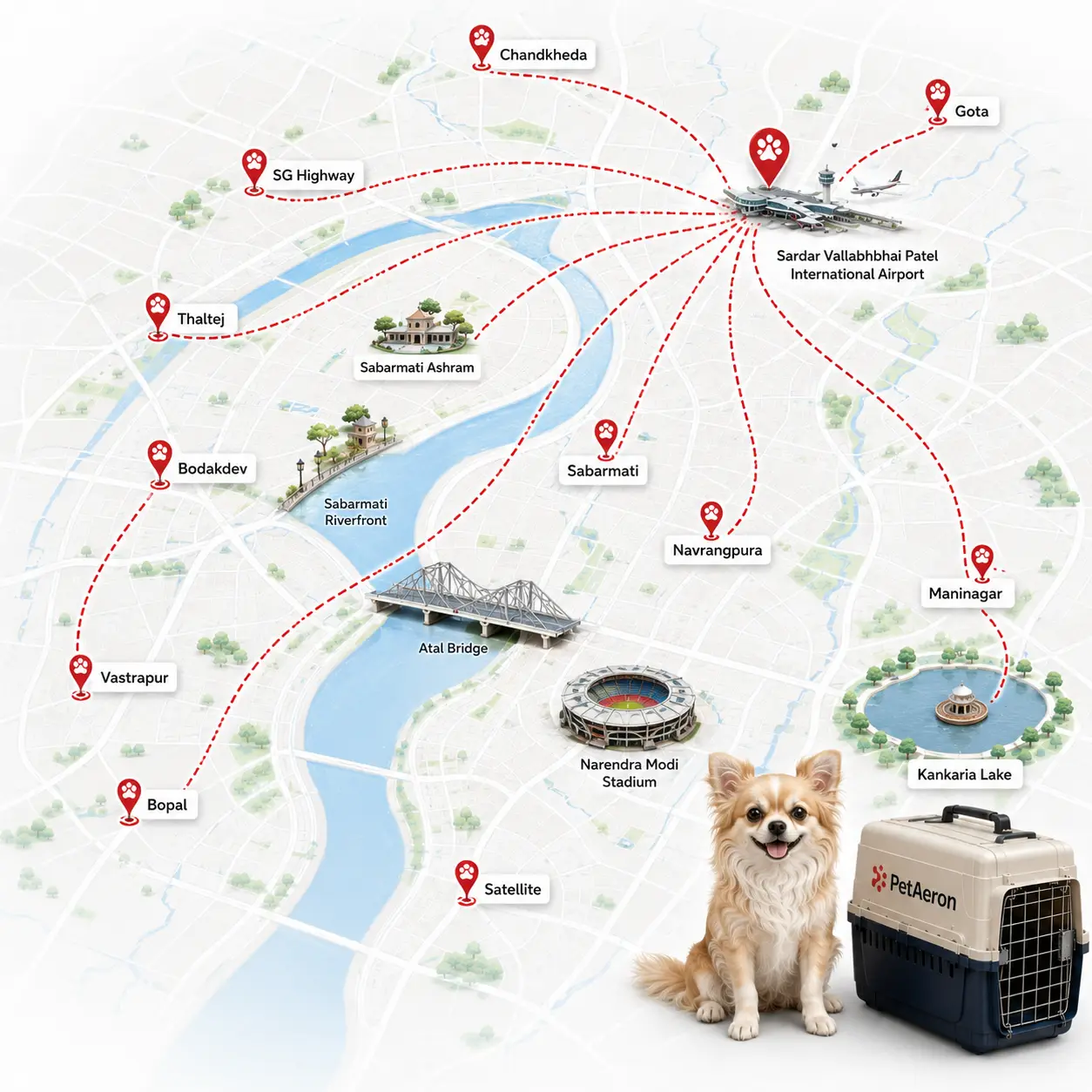 Areas we cover across Ahmedabad for pet relocation and pet transport