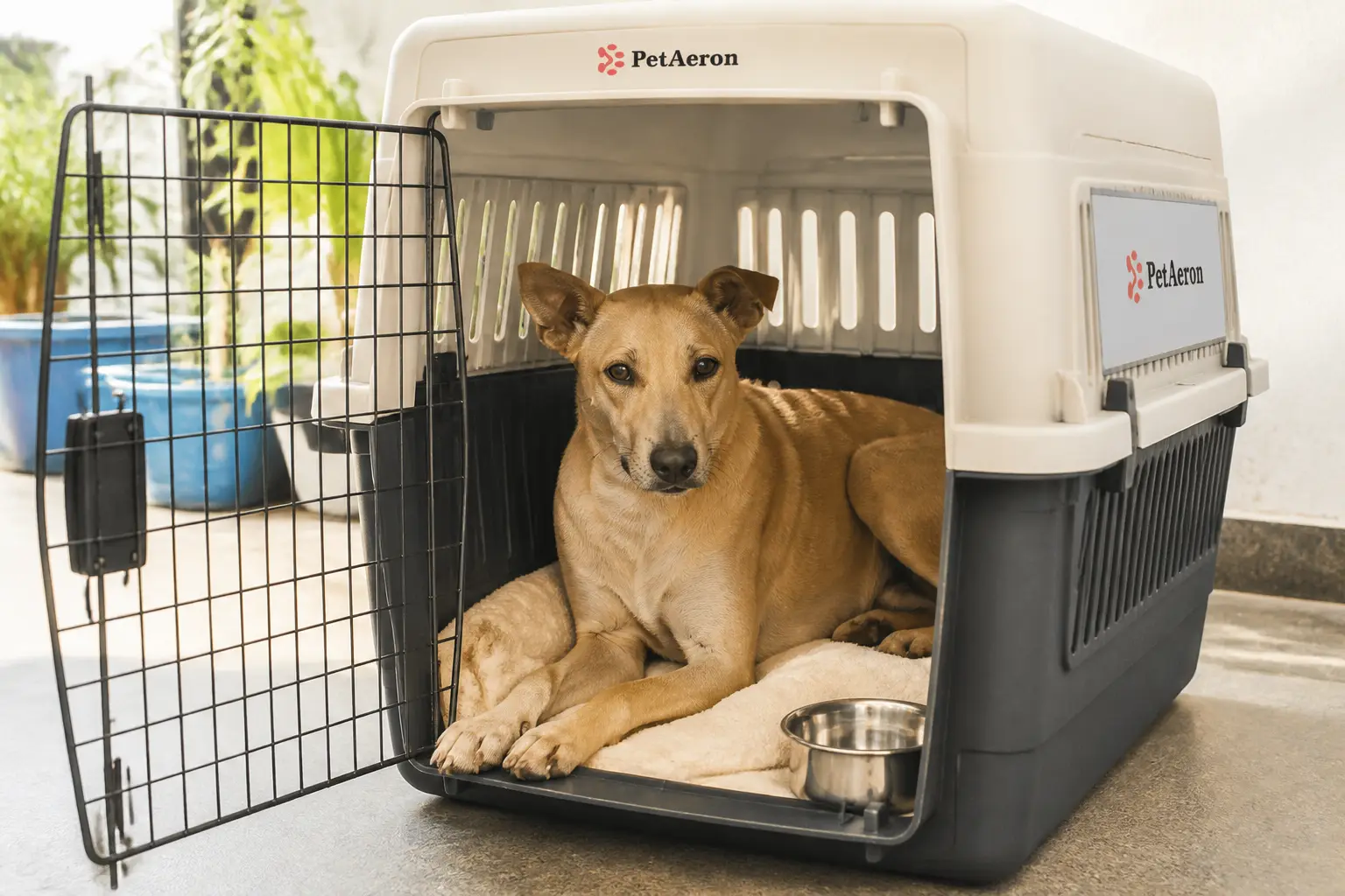 Dog standing comfortably inside a properly sized IATA pet crate for air cargo from Ahmedabad