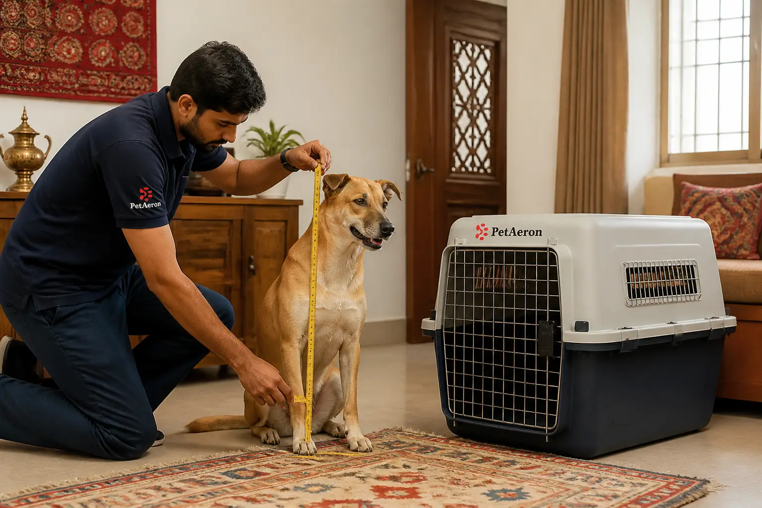 PetAeron specialist measuring a dog for IATA airline crate sizing in Ahmedabad