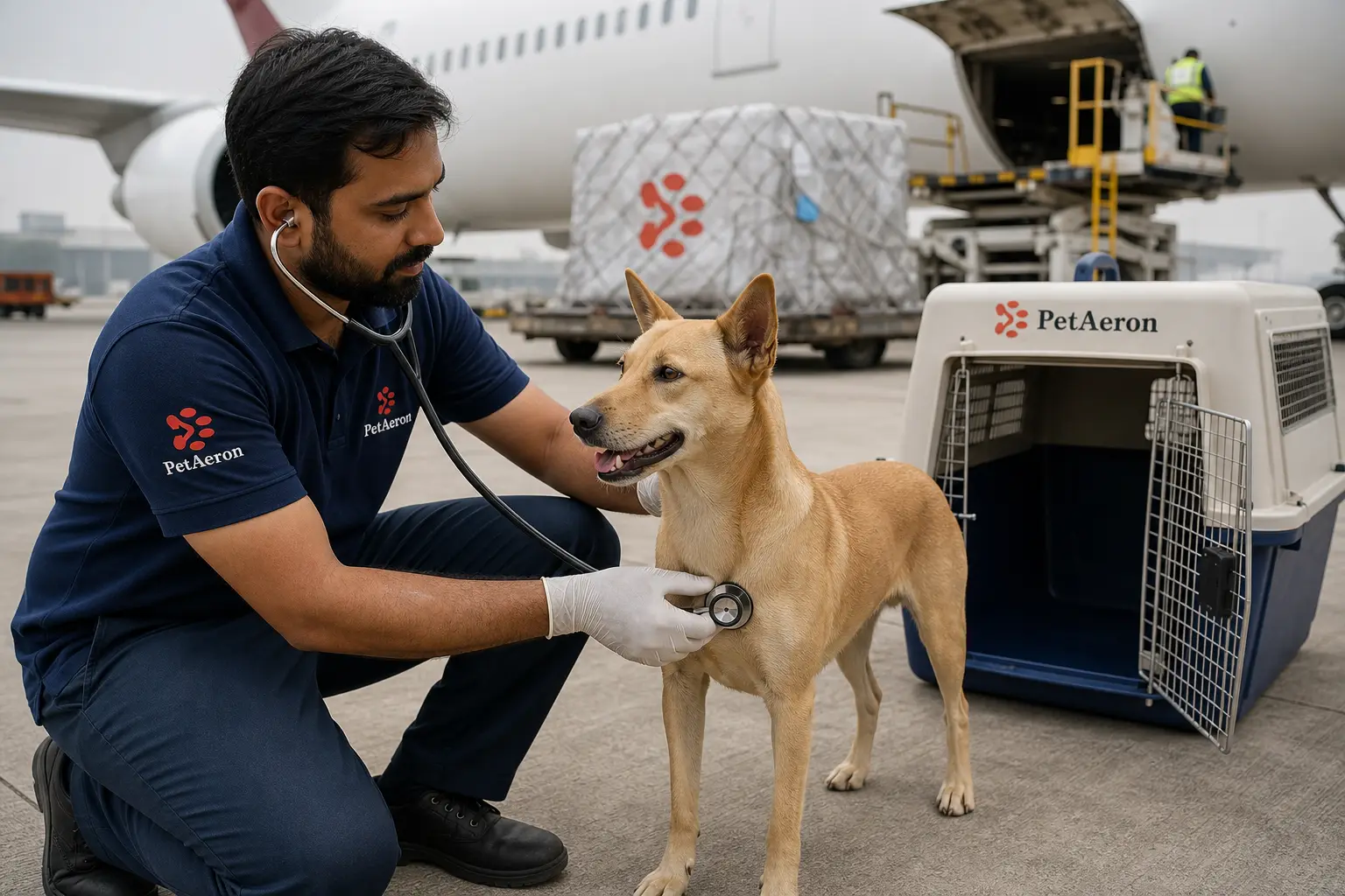 Pre-travel health checks before departure from Ahmedabad with PetAeron IATA crate at airport