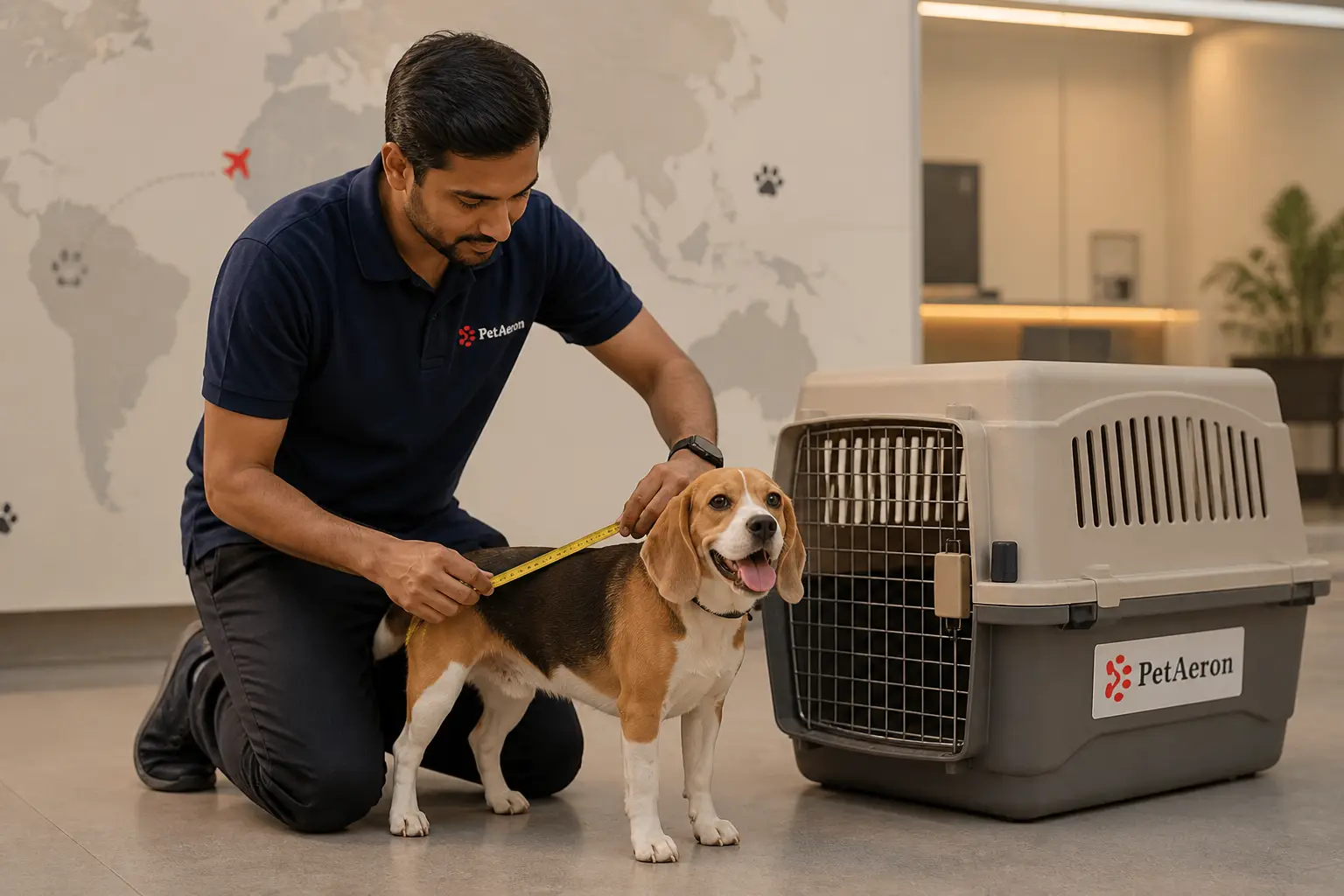 PetAeron specialist measuring a dog for IATA airline crate sizing in Bangalore