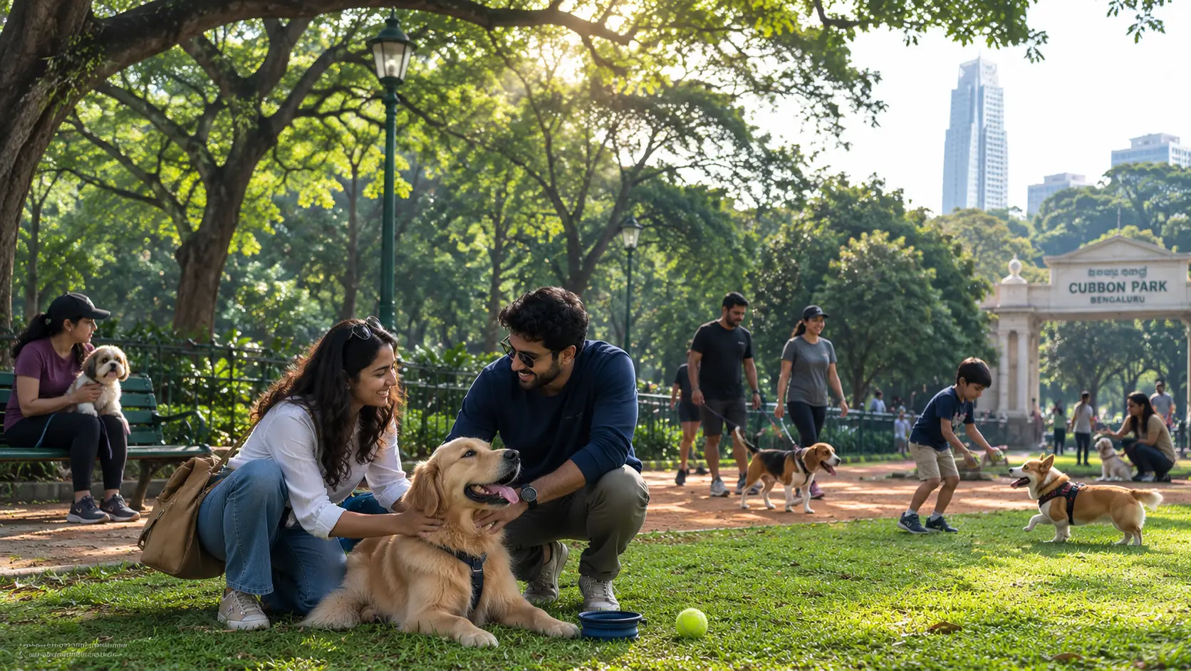 Pet relocation services in Bangalore with pet travel crate and Bengaluru city skyline