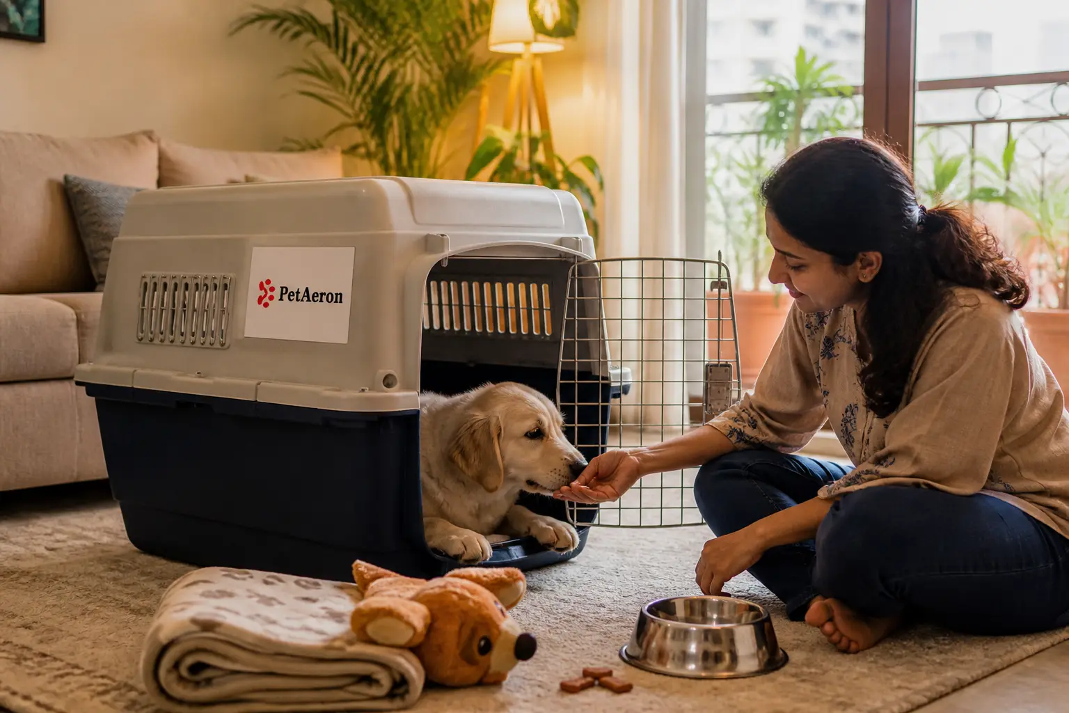 Dog crate training at home before pet relocation from Bangalore with blanket, toy, and treats