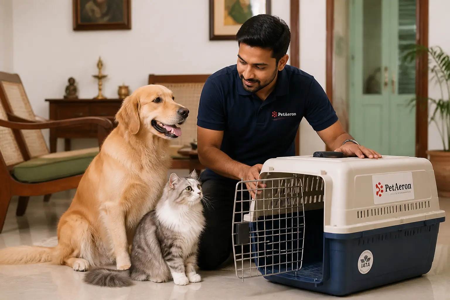 Stress-free pet transport and pet relocation in Chennai with PetAeron specialist, dog, cat, and IATA crate