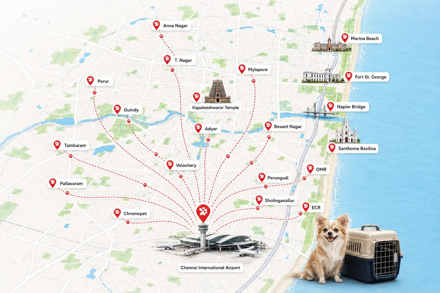 Areas we cover across Chennai for pet relocation and pet transport