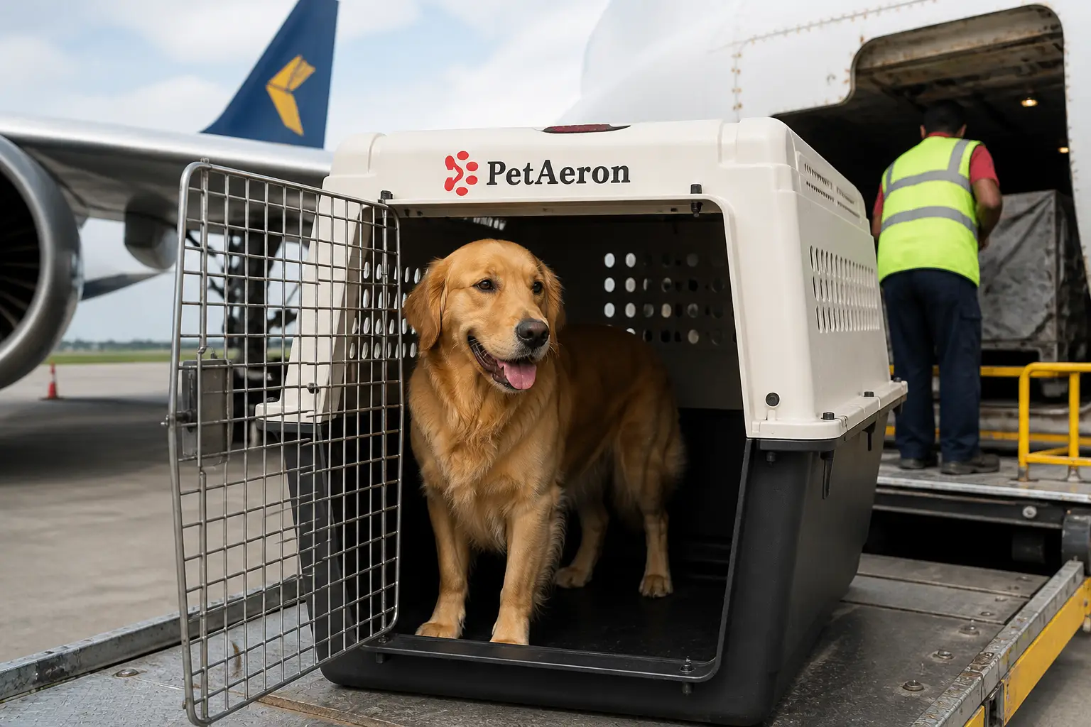 Dog standing comfortably inside a properly sized IATA pet crate for air cargo from Chennai