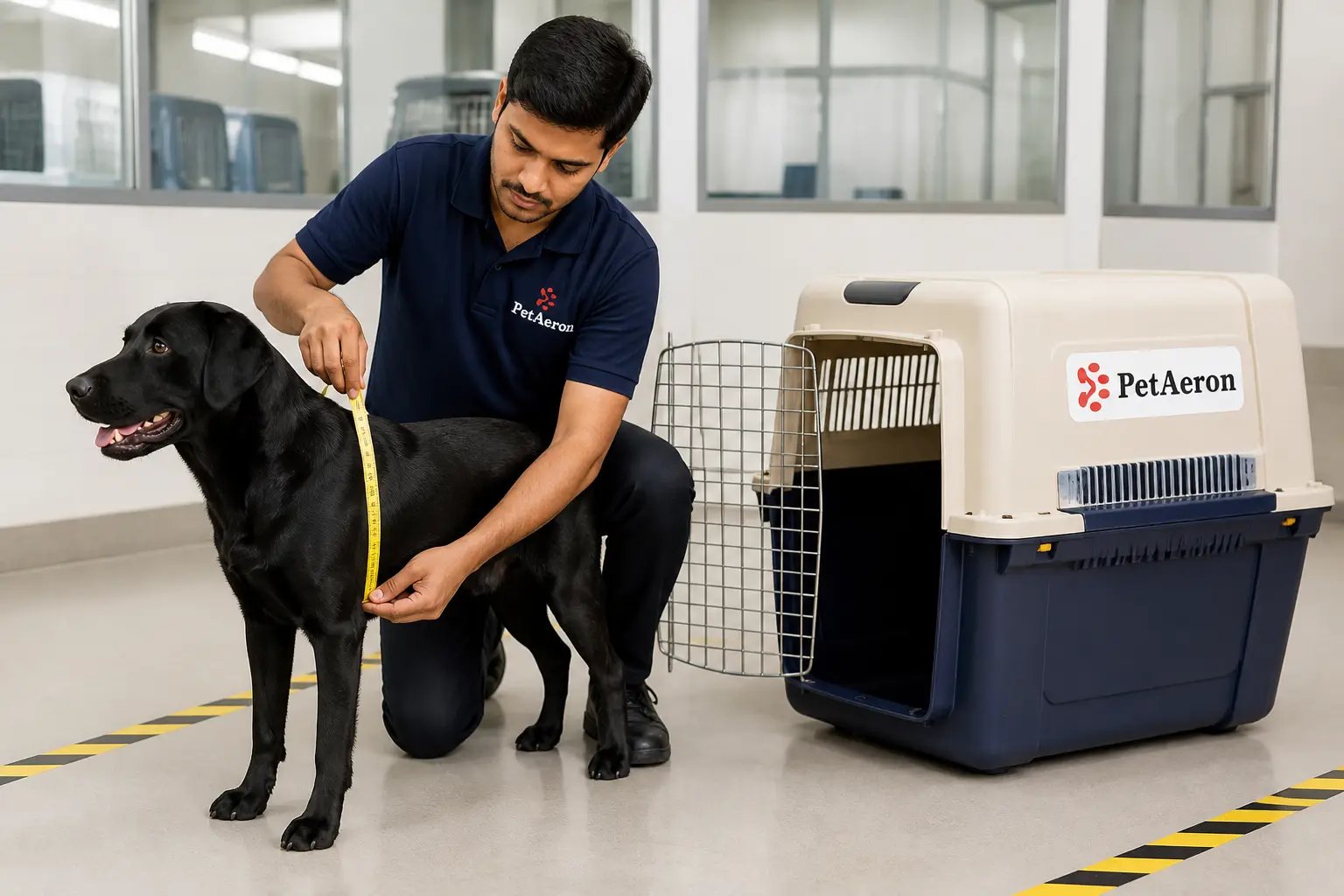 PetAeron specialist measuring a dog for IATA airline crate sizing in Chennai