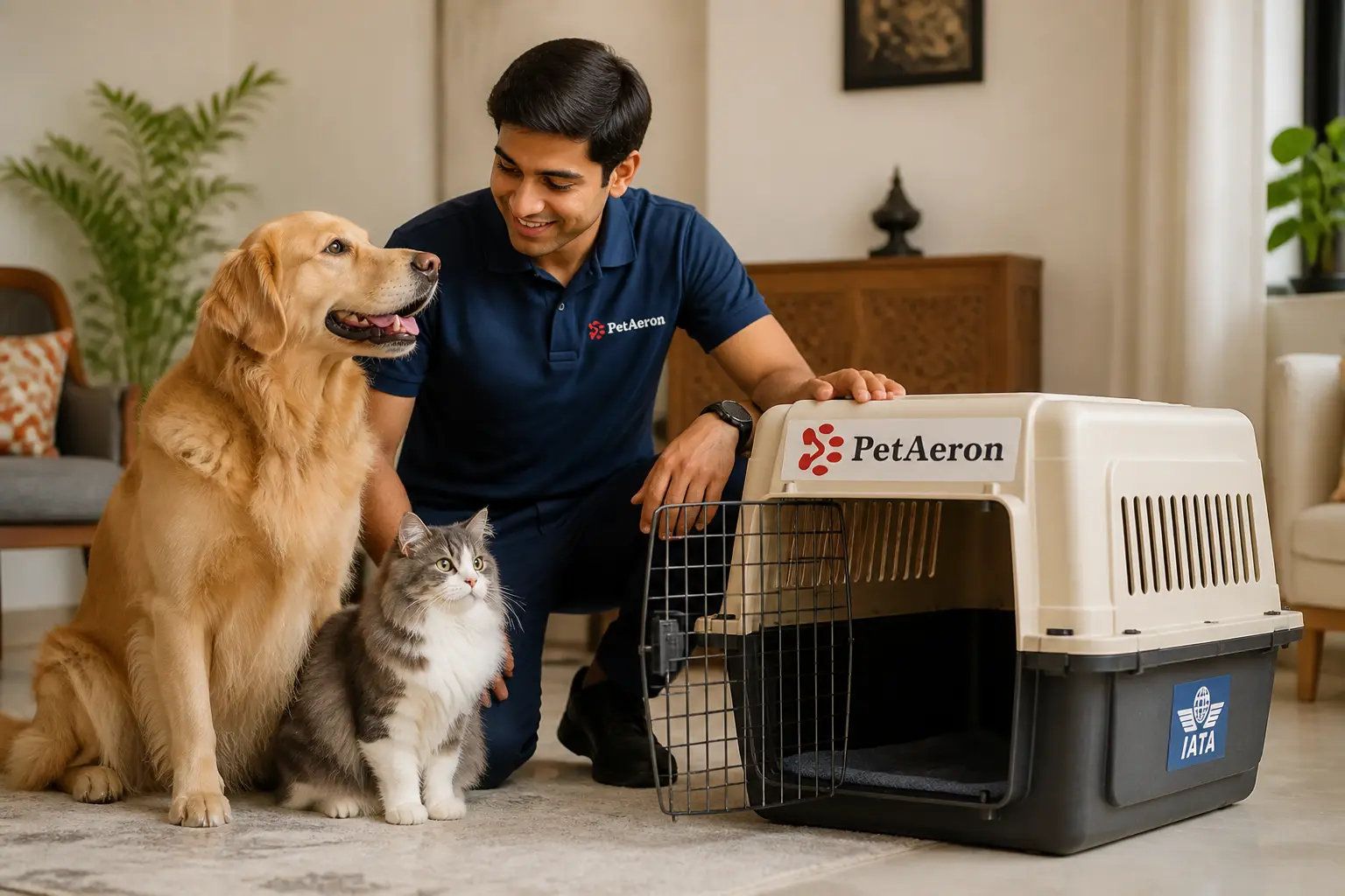 Stress-free pet transport and pet relocation in Hyderabad with PetAeron specialist, dog, cat, and IATA crate