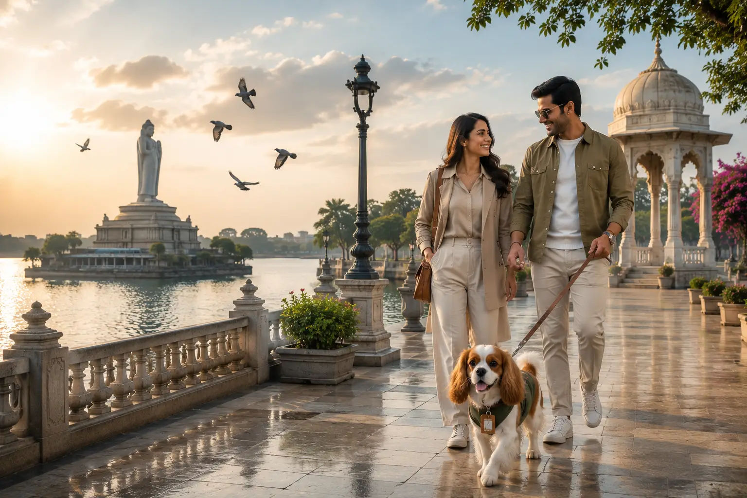 Pet relocation services in Hyderabad with a couple walking their dog at Hussain Sagar Lake