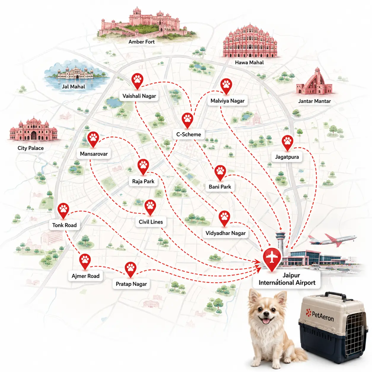 Areas we cover across Jaipur for pet relocation and pet transport