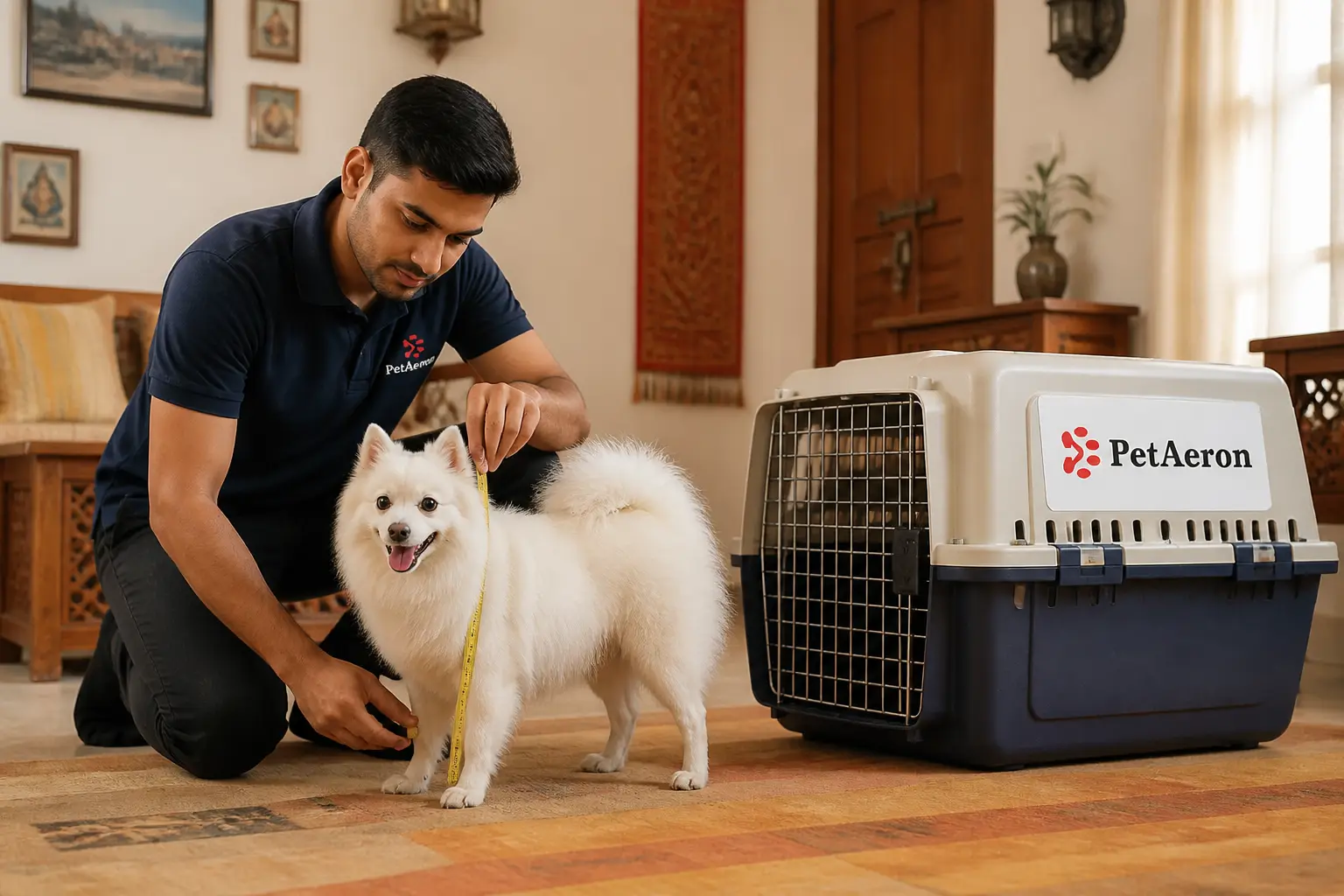 PetAeron specialist measuring a dog for IATA airline crate sizing in Jaipur