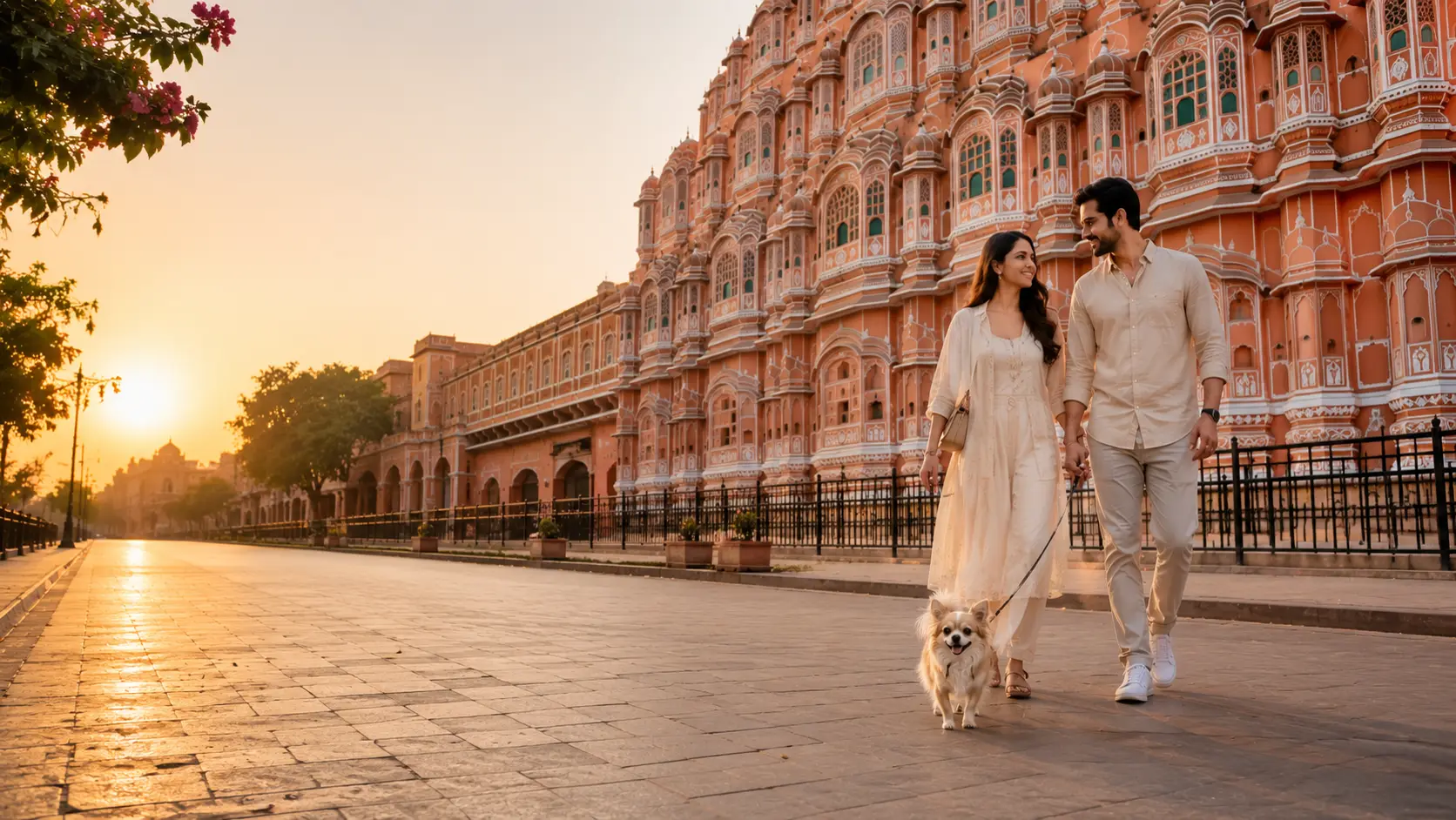 Pet relocation services in Jaipur with pet parents walking their dog near Hawa Mahal in the Pink City