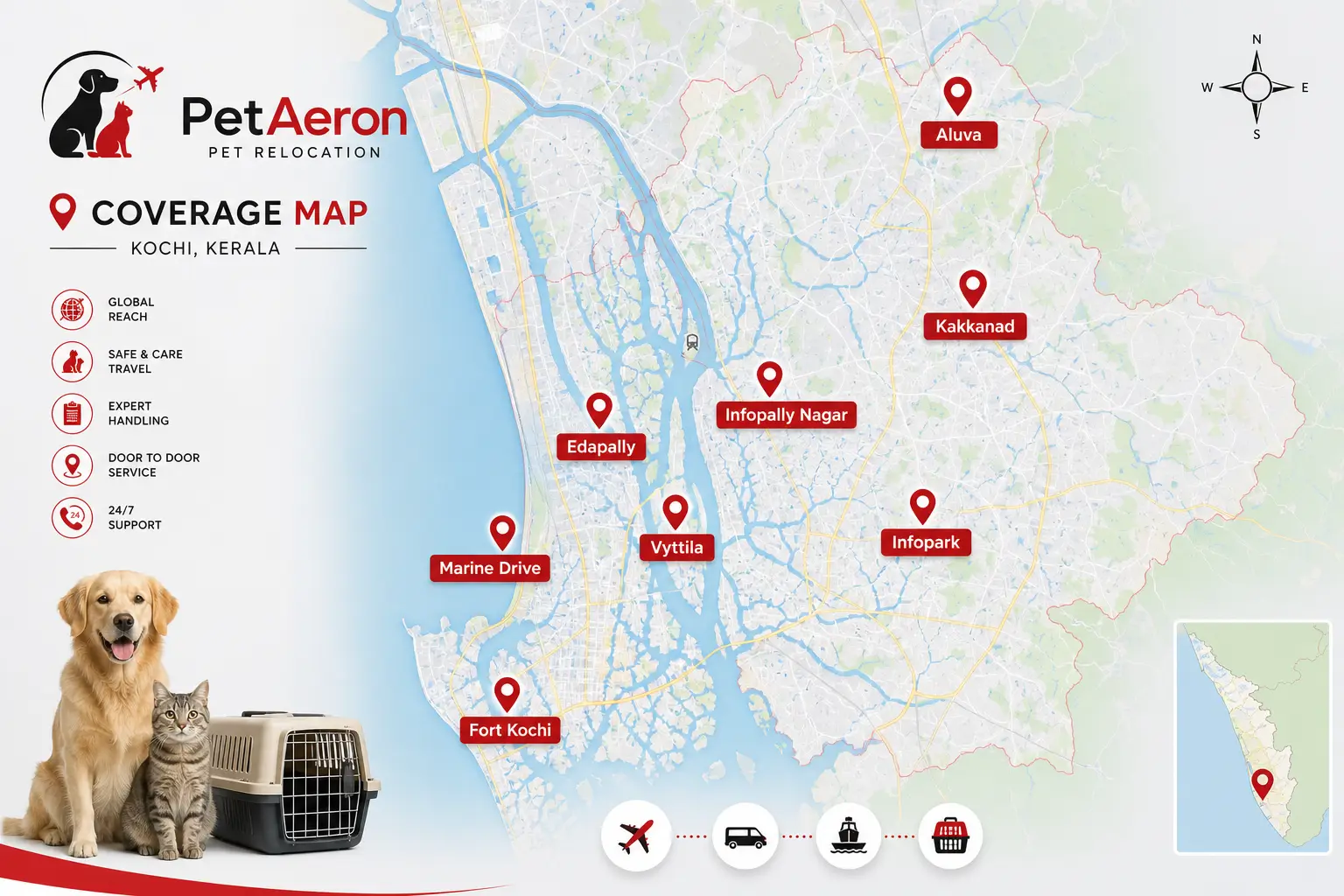 Areas we cover across Kochi for pet relocation and pet transport