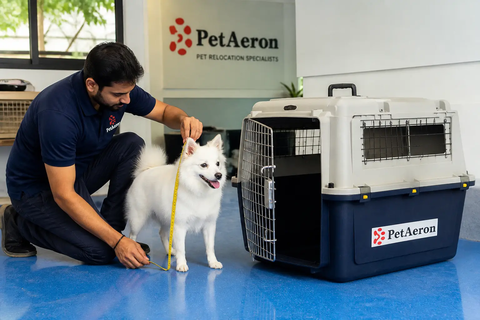 PetAeron specialist measuring a dog for IATA airline crate sizing in Kochi