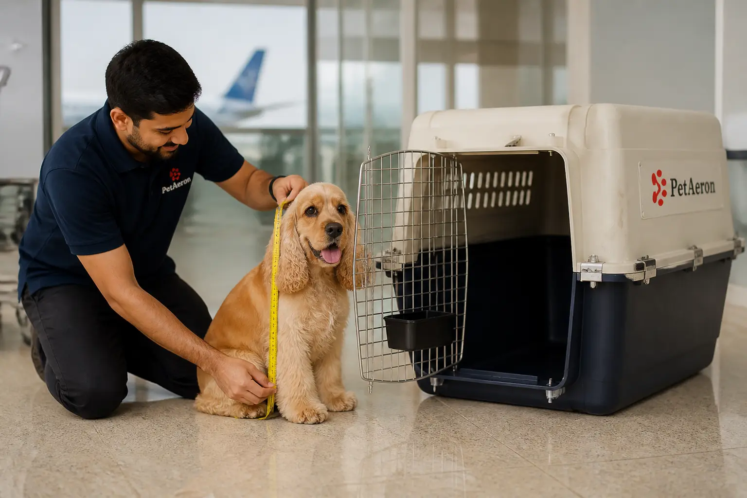 PetAeron specialist measuring a dog for IATA airline crate sizing in Kolkata