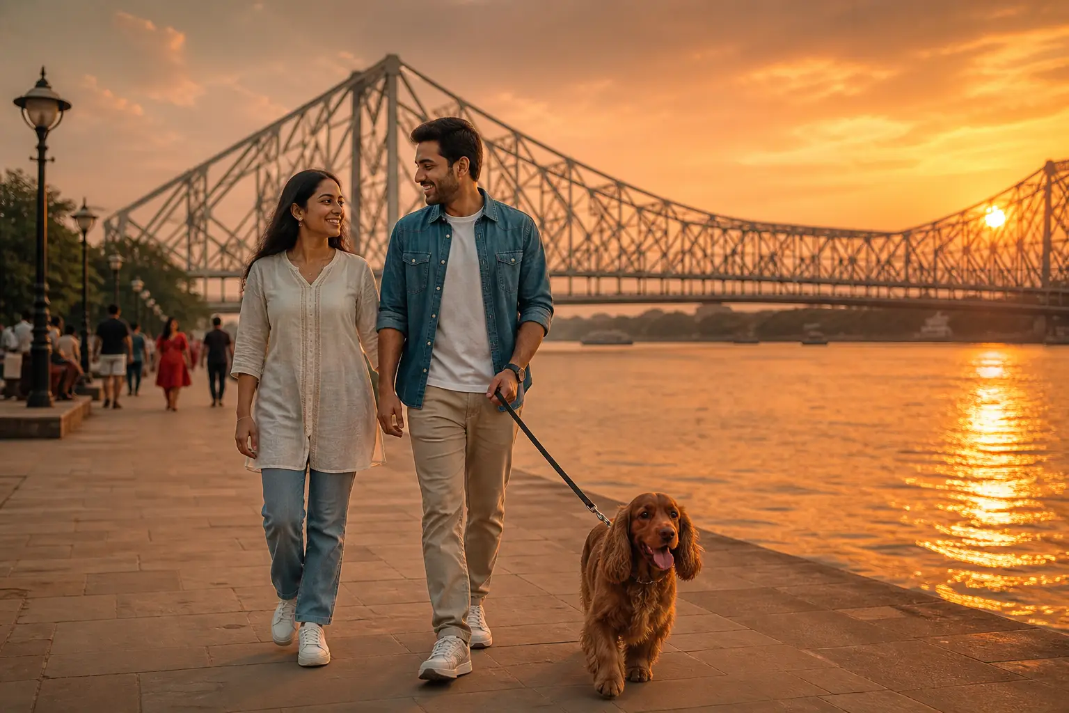 Pet relocation services in Kolkata with a couple walking their dog along the Hooghly river and Howrah Bridge