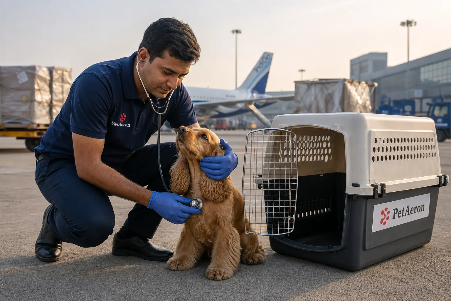 Pre-travel health checks before departure from Kolkata with PetAeron IATA crate at airport
