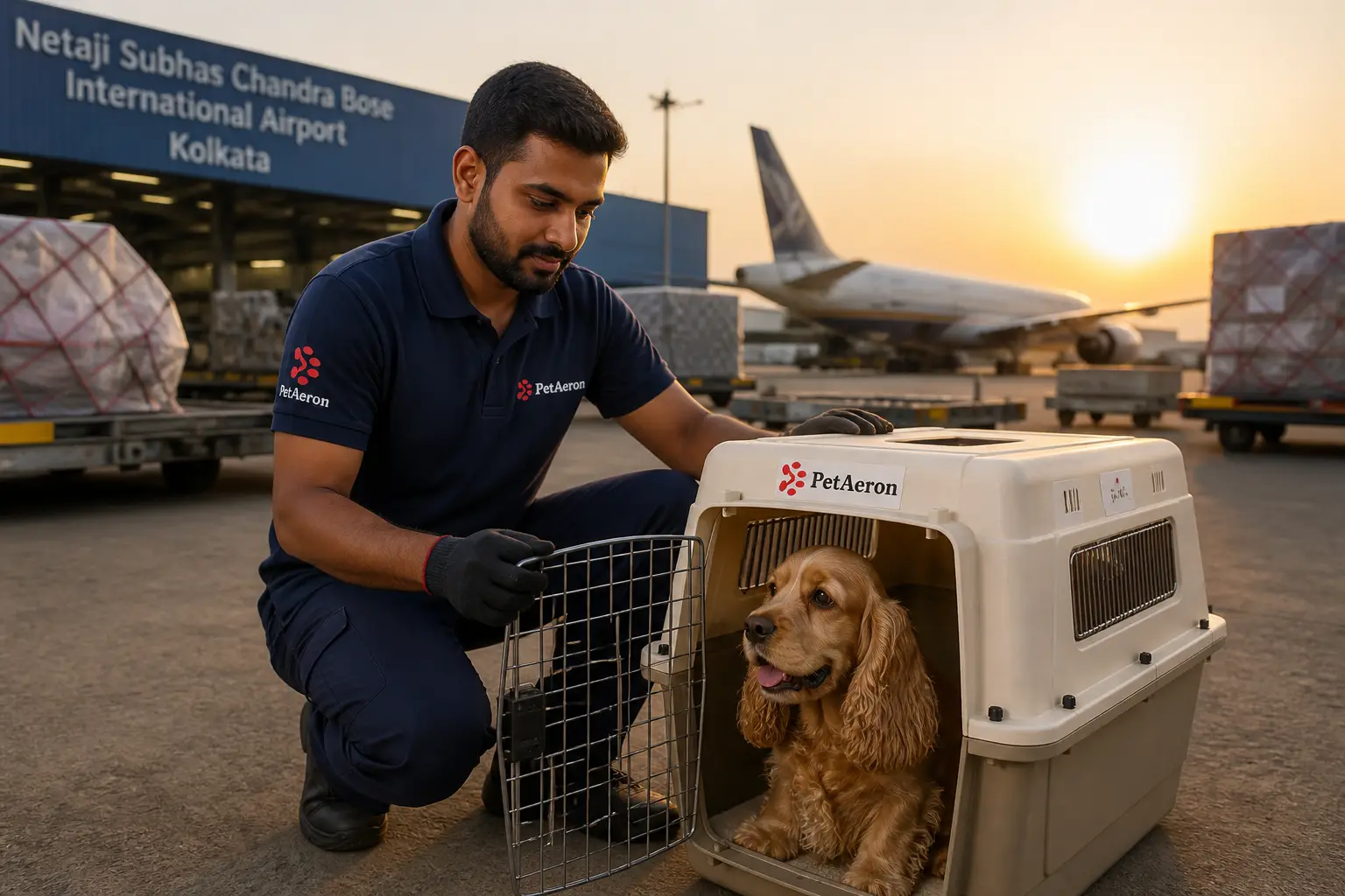 Crate readiness and calm air travel handling for pet relocation from Kolkata with PetAeron