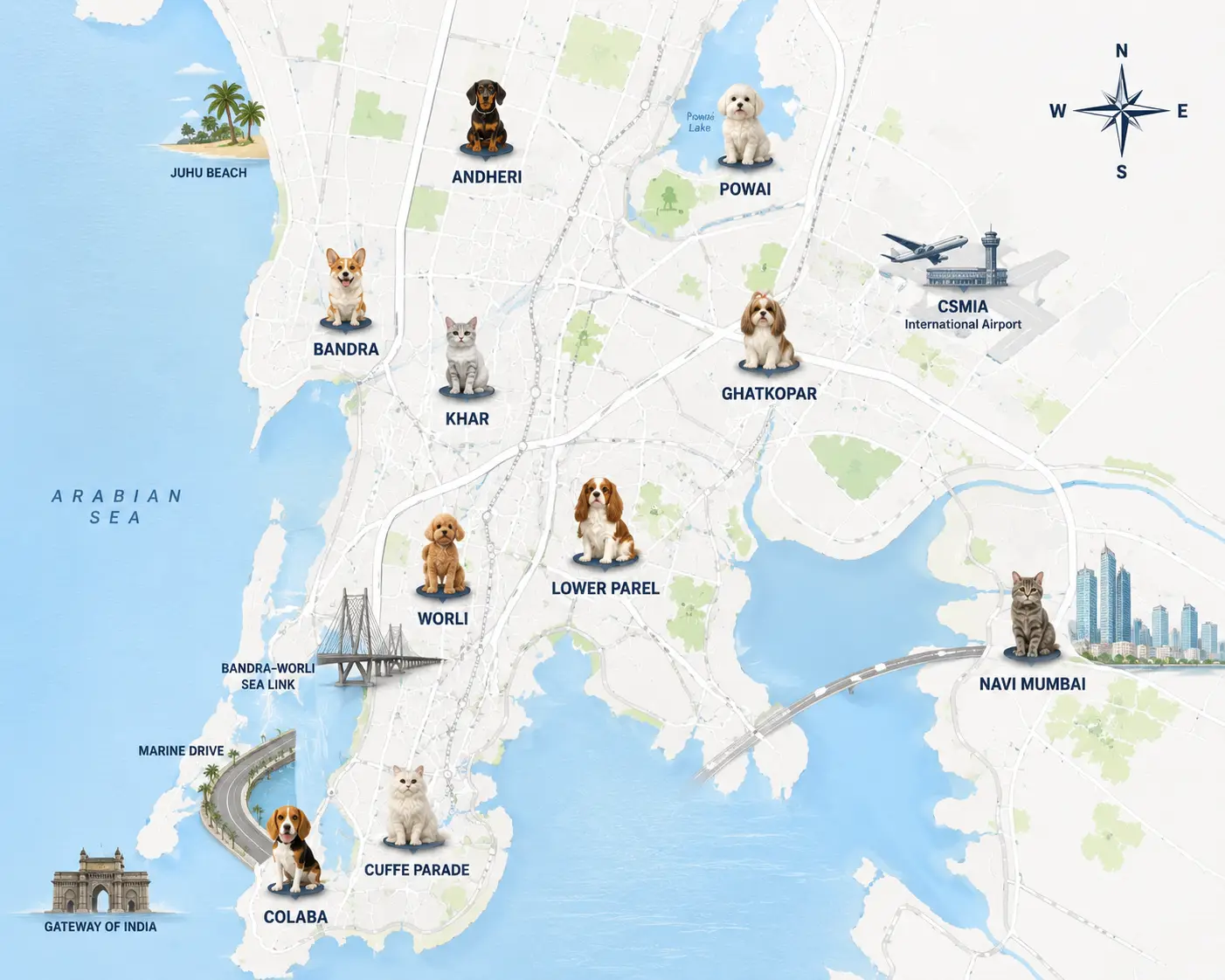 Areas we cover across Mumbai and the Mumbai Metropolitan Region for pet relocation and pet transport