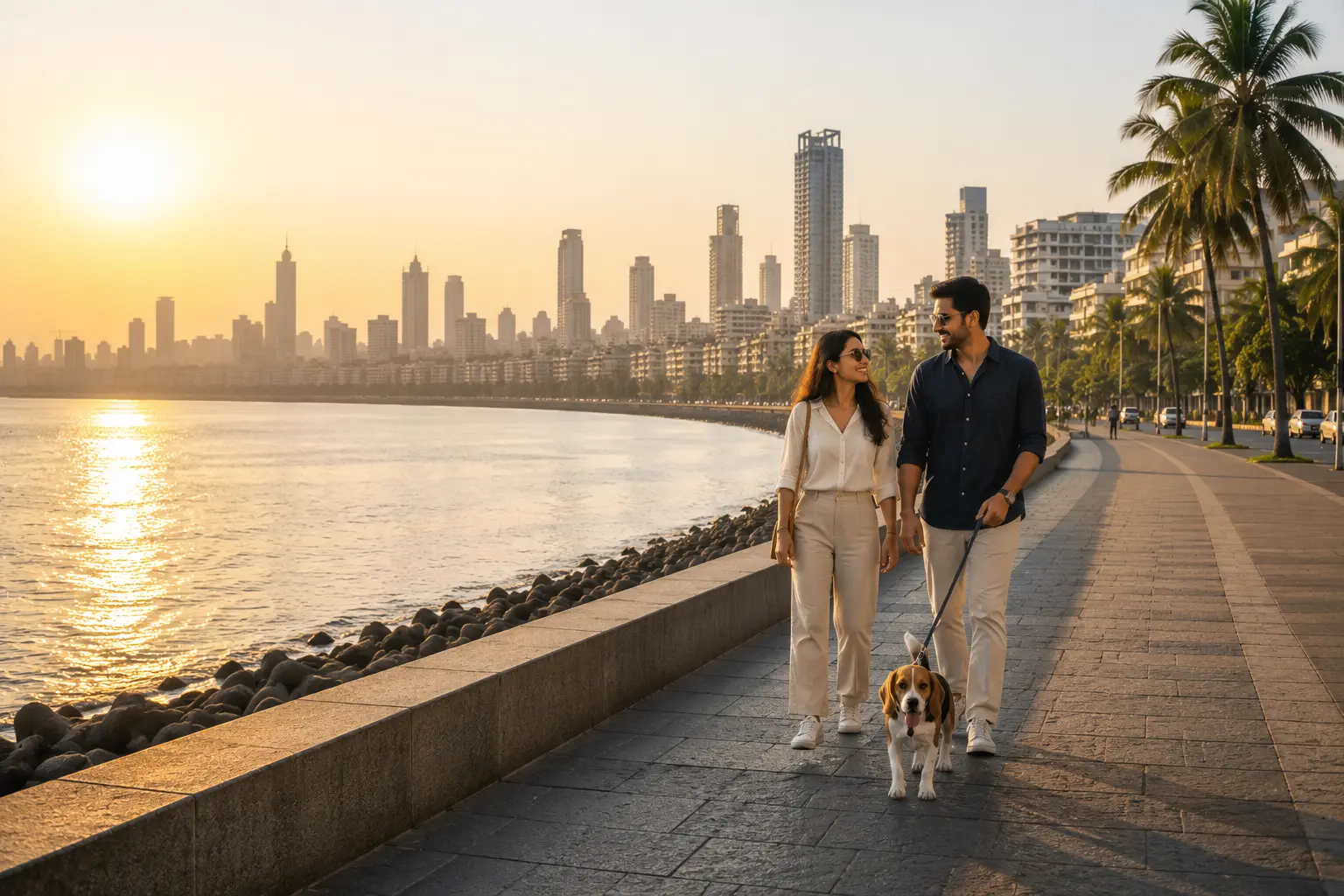 Pet relocation services in Mumbai with a couple walking their beagle on Marine Drive at sunset