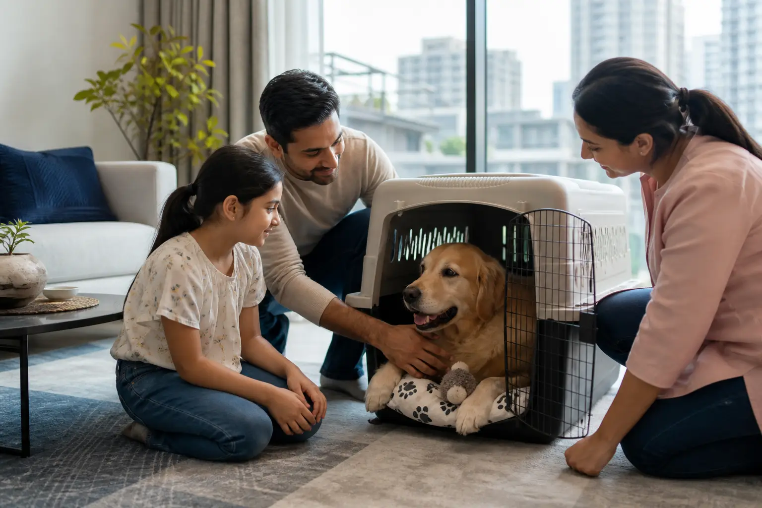 Mumbai pet parents crate-training their dog with familiar items before relocation travel day