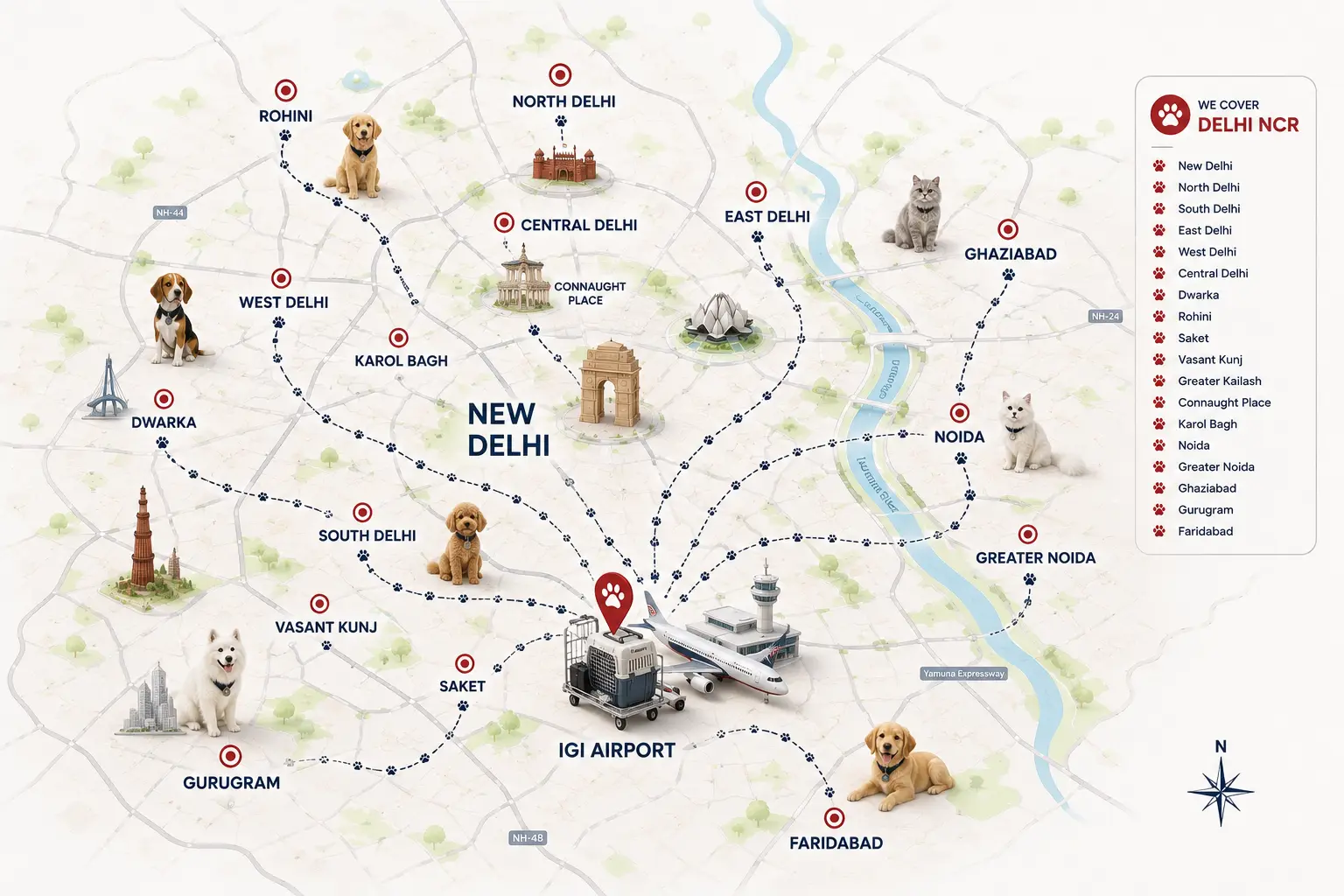 Areas we cover across New Delhi and Delhi NCR for pet relocation and pet transport