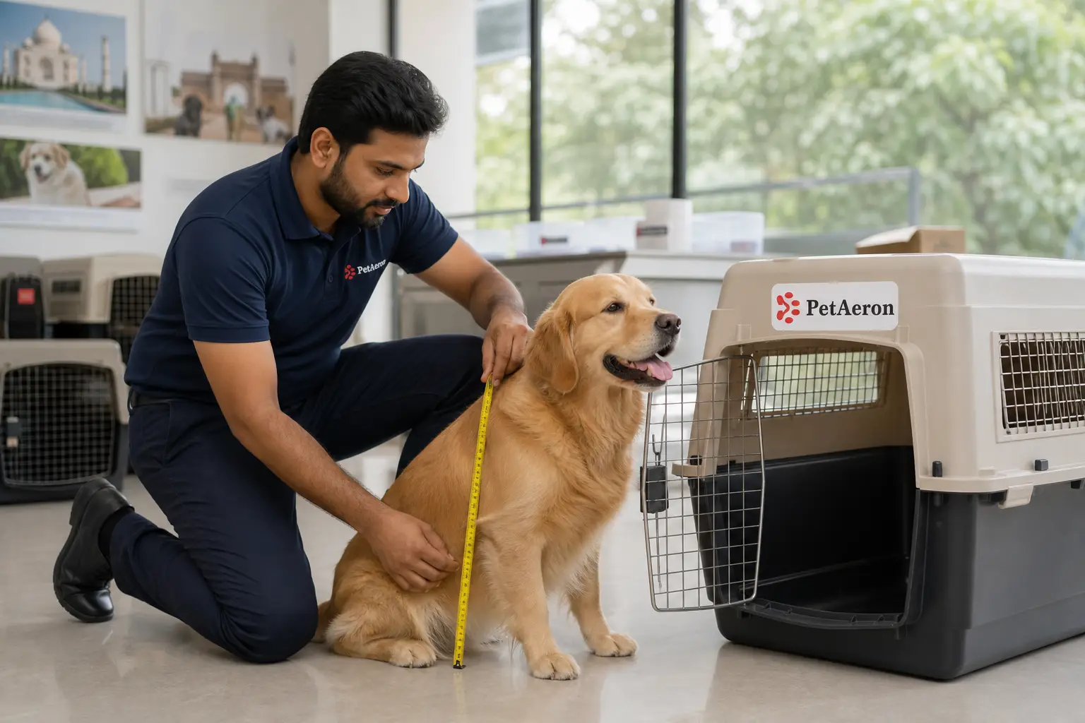 PetAeron specialist measuring a dog for IATA airline crate sizing in New Delhi
