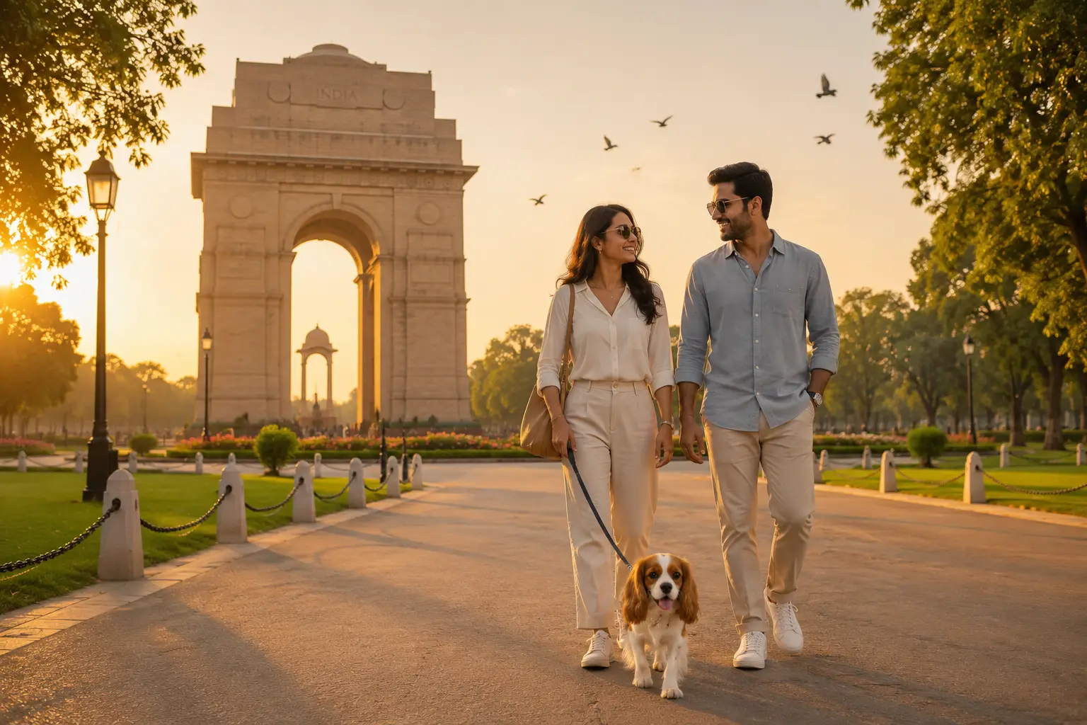 Pet relocation services in New Delhi with a couple walking their dog at India Gate