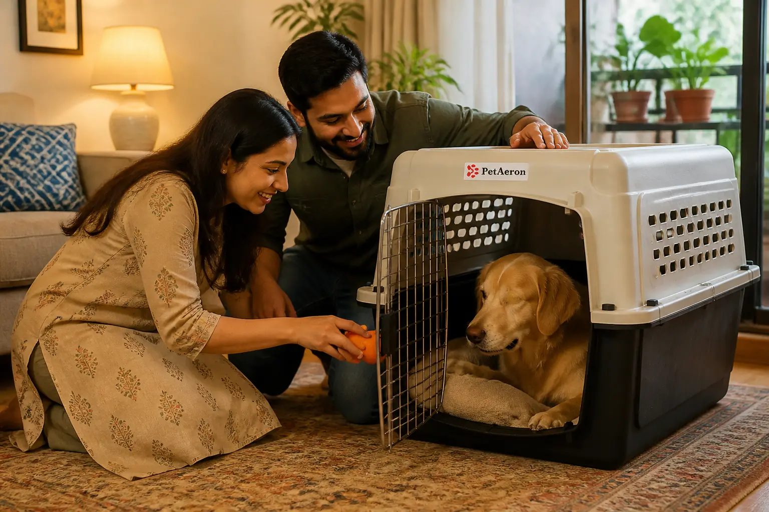 New Delhi pet parents crate-training their dog with familiar items before relocation travel day