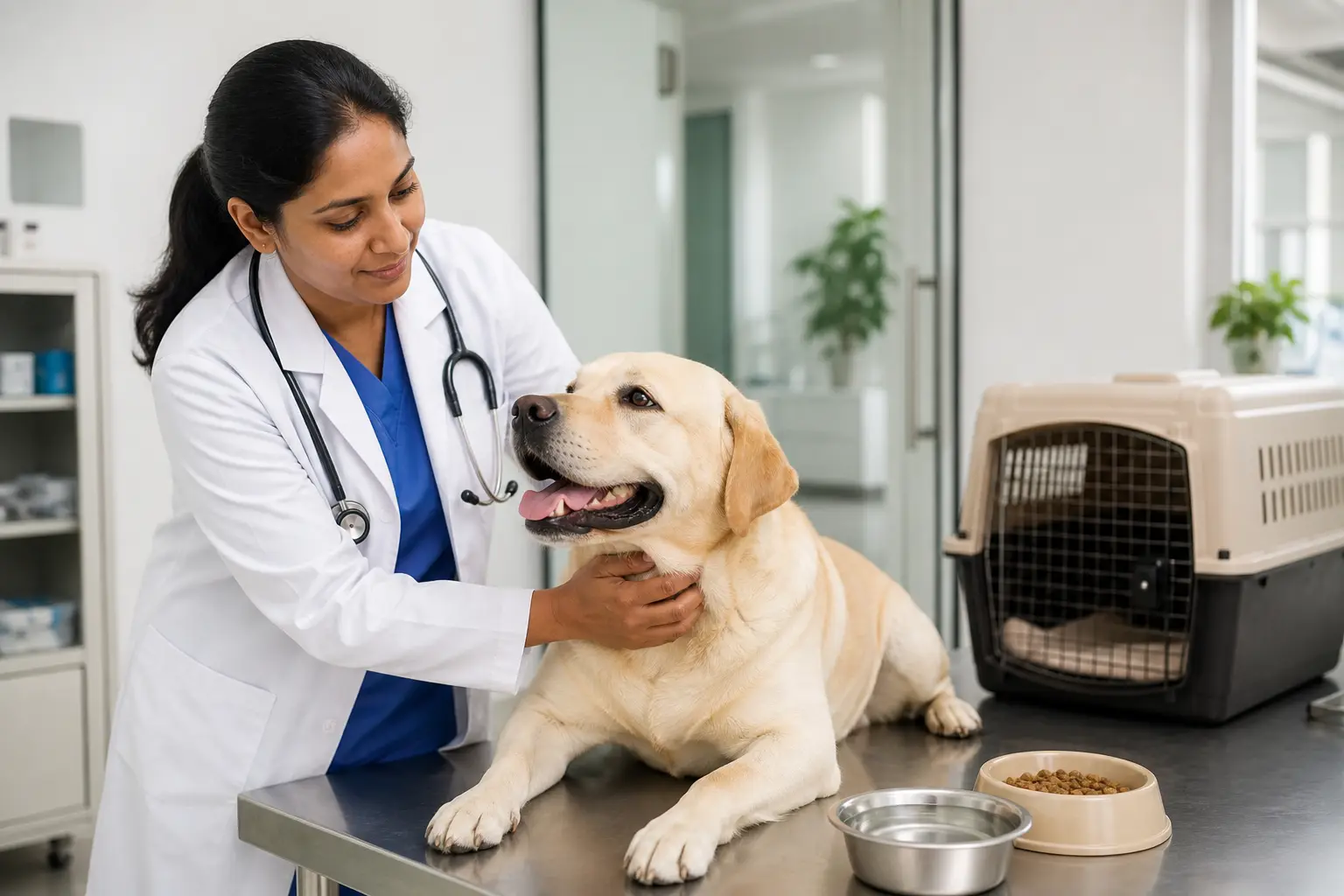 Veterinarian health check and light feeding guidance for pet travel day in New Delhi