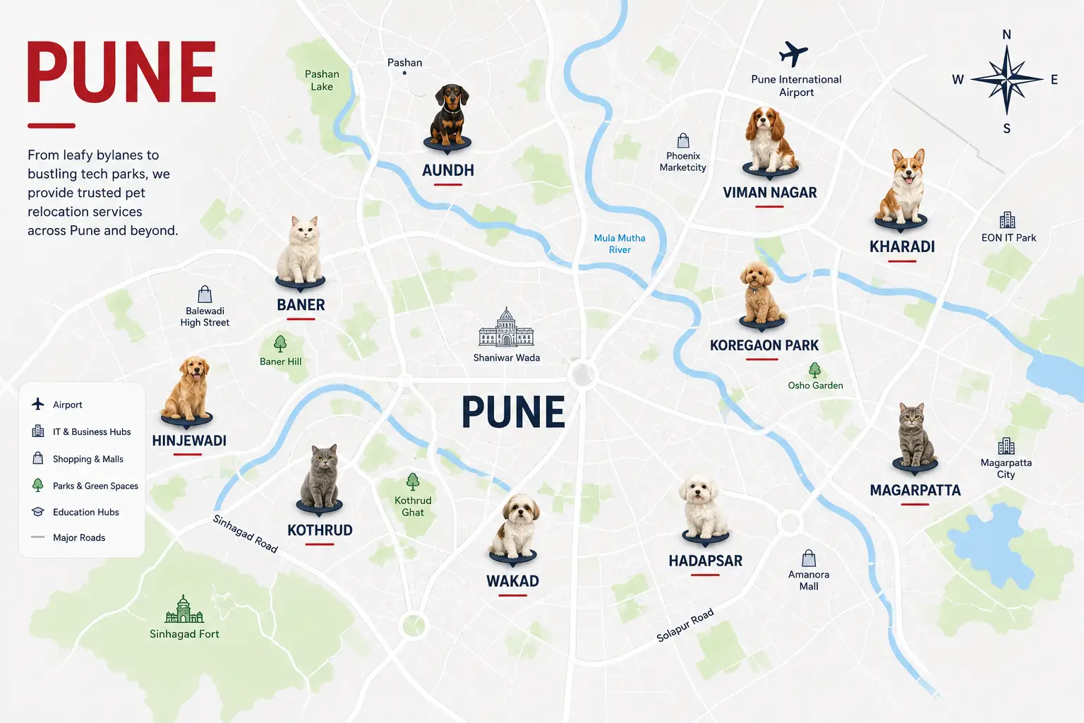 Areas we cover across Pune for pet relocation and pet transport