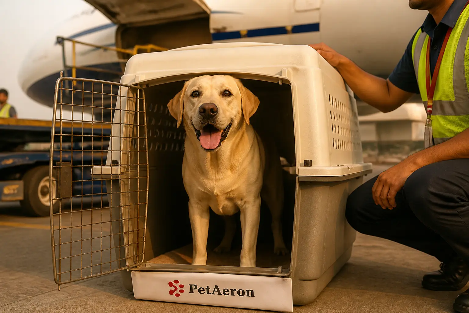 Dog standing comfortably inside a properly sized IATA pet crate for air cargo from Pune