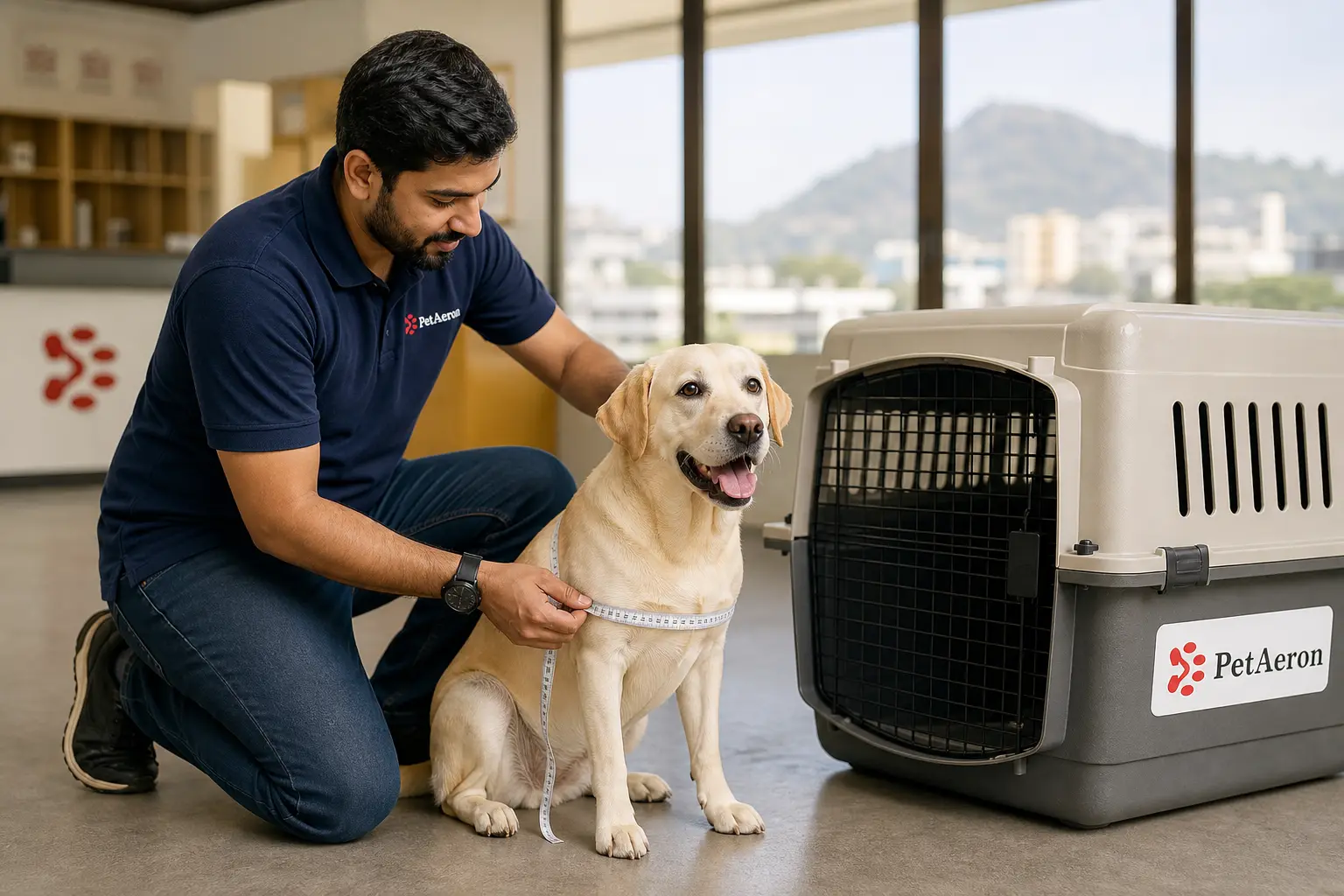 PetAeron specialist measuring a dog for IATA airline crate sizing in Pune
