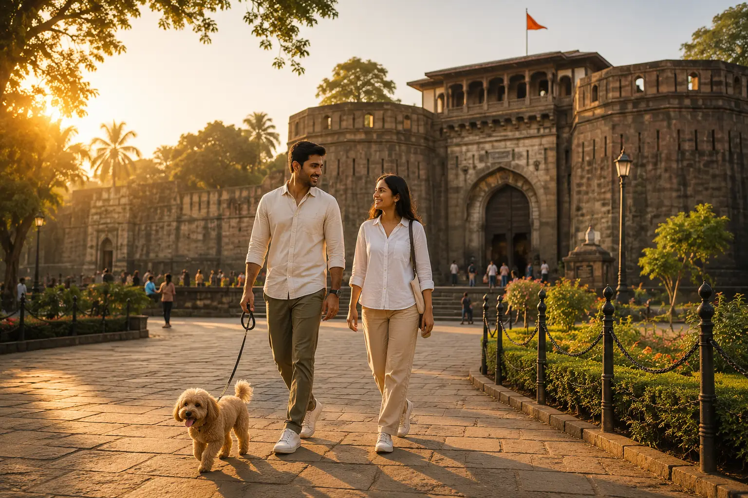 Pet relocation services in Pune with a couple walking their dog near Shaniwar Wada