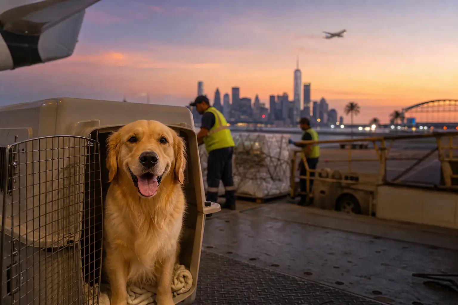 Pet relocation from India to USA, golden retriever in IATA travel crate at airport with USA skyline lights